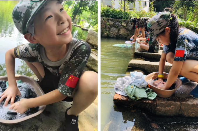 上海西点乡村体验夏令营的小朋友正在洗衣服