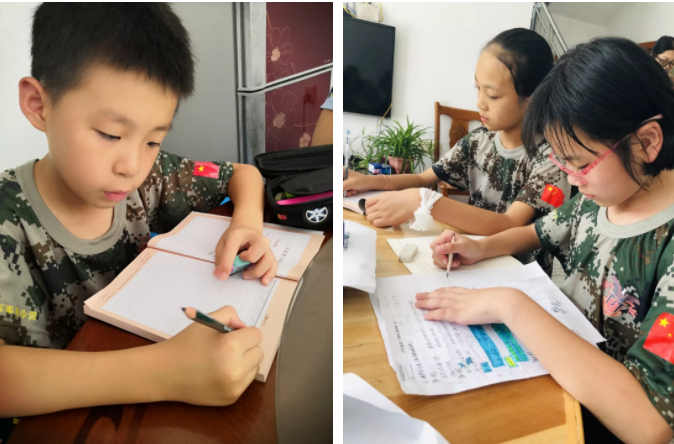上海西点军事夏令营的小朋友正在做作业