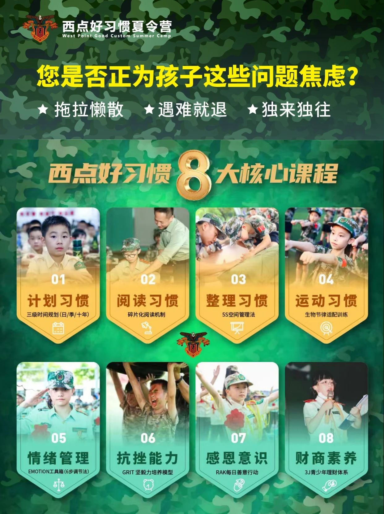 还在问“适合吗”？不是孩子“不行”，是缺个“练兵场”！ “我家孩子适合军事夏令营吗？”  好多家长在问：“教官，您看我家这孩子，到底适不适合参加军事夏令营？” 其实，军事夏令营真不是只给“调皮蛋”准备的！它更像一个综合成长的训练场，能为不同特质的孩子都带来意想不到的蜕变！  咨询热线：135-6477-3291（微信同号）  缺乏自律的孩子 作业拖到最后一刻？电子产品不离手？生活作息一团乱？ 严格作息、内务整理、队列训练，让孩子在规律中学会时间管理，建立自律性，告别拖延和依赖。  ☹️独立性差的孩子 书包要家长收？衣服不会穿？小事也要喊爸妈？不敢自己睡？ 离开舒适的家！独立生活是必修课。自己整理内务、解决小问题、面对陌生环境，快速提升生活自理能力和独立担当精神。  抗压能力弱的孩子 遇到困难就退缩？“易碎玻璃心”，情绪容易“一点就炸”？ 军事训练中的挑战（体能、任务、评比）就是最好的“挫折教育”。在教官引导和团队支持下，孩子学会如何面对压力、调整心态、越挫越勇。  ☹️缺乏团队意识的孩子 喜欢单打独斗？不懂分享合作？有时显得有点“小自私”？ 集体生活+团队任务是核心！站军姿要整齐、拓展要协作、生活要互助。孩子会在实践中深刻理解团队的力量，学会沟通、分享、共赢。  身体素质差的孩子 爱动、体质弱、换季容易生病？对运动提不起兴趣？ 规律体能训练+丰富户外活动！晨跑、军体拳、拓展游戏… 在充满活力的氛围中，孩子体质增强了，运动习惯萌芽了，精气神更足了！  缺乏目标感的孩子 学习没动力？生活没方向？对未来有点“懵懵懂懂”？ 任务驱动+荣誉体系！完成挑战、获得勋章、达成目标。这种清晰的目标设定和达成过程，能有效激发内在动力，帮助孩子找到方向感，树立小目标。  内向、不善表达的孩子 不敢主动交流？害怕当众说话？有点社交恐惧？ 开放包容的集体环境是天然社交场！自我介绍、团队讨论、才艺展示，在教官和同伴的鼓励下，孩子会逐渐打开心扉，增强自信，敢于表达自己。  对军事挑战充满兴趣的孩子 对迷彩、枪械（模型）、团队挑战充满好奇？渴望探索和冒险？ 沉浸式军事体验！战术训练、野外拉练、模拟演习… 极大满足探索欲和冒险精神，在安全的环境中尽情释放热情，收获知识与快乐！  军事夏令营 ≠ 改造营，无论您的孩子属于以上哪种类型，或是几种兼有，都有可能在这里收获自律、独立、坚韧、合作、健康与自信！